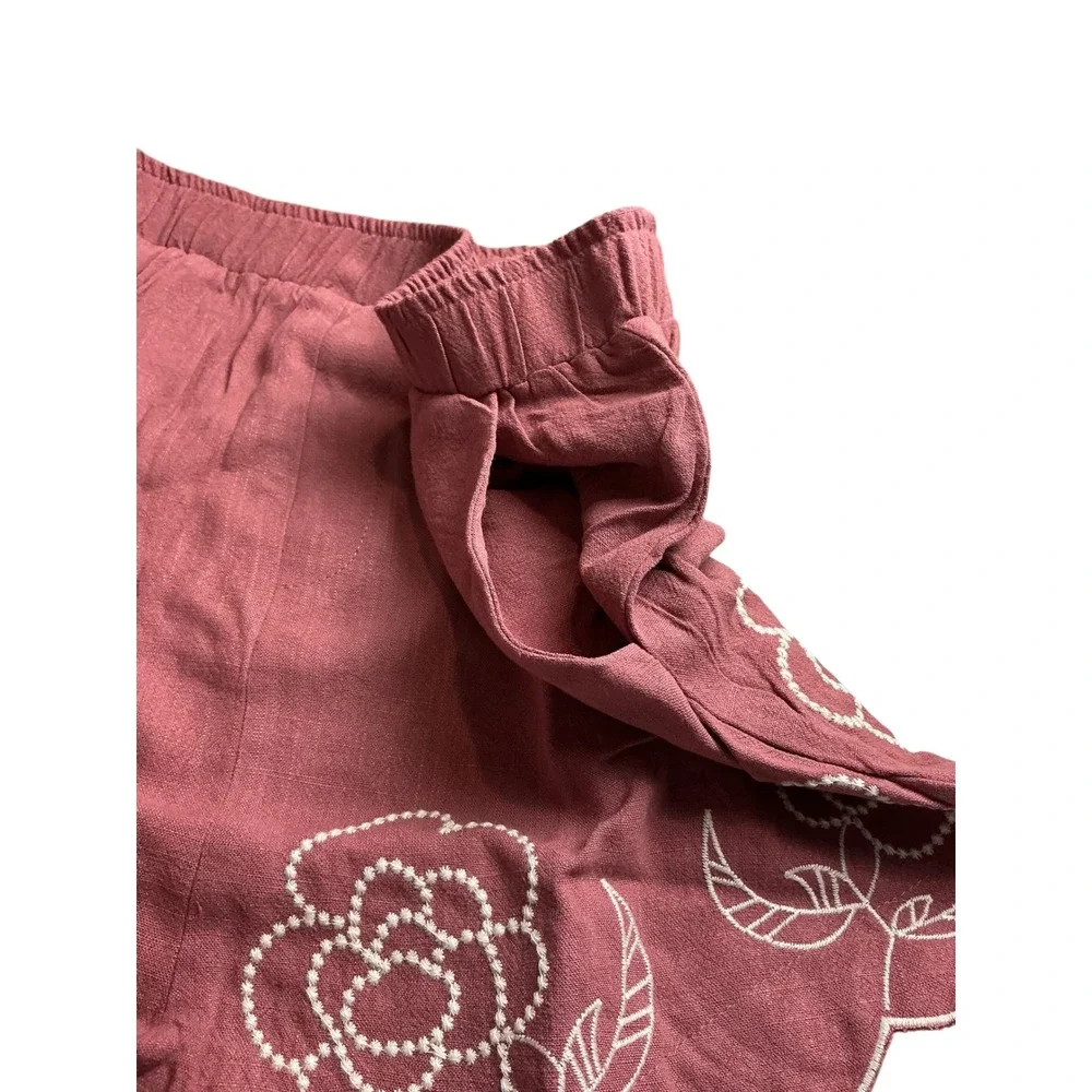 Dusty Rose Floral Embroidered Scalloped Hem Linen Blend Shorts Womens XL - Picture 9 of 15